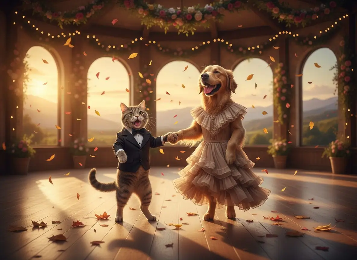 AI generated cat and dog dancing happily together with joyful atmosphere - cute pet friendship AI art by AI Image Agent